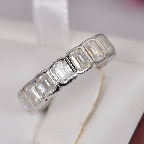 Certified Emerald Cut All Moissanite Full Eternity Ring 925 Sterling Silver - Picture 3 of 6